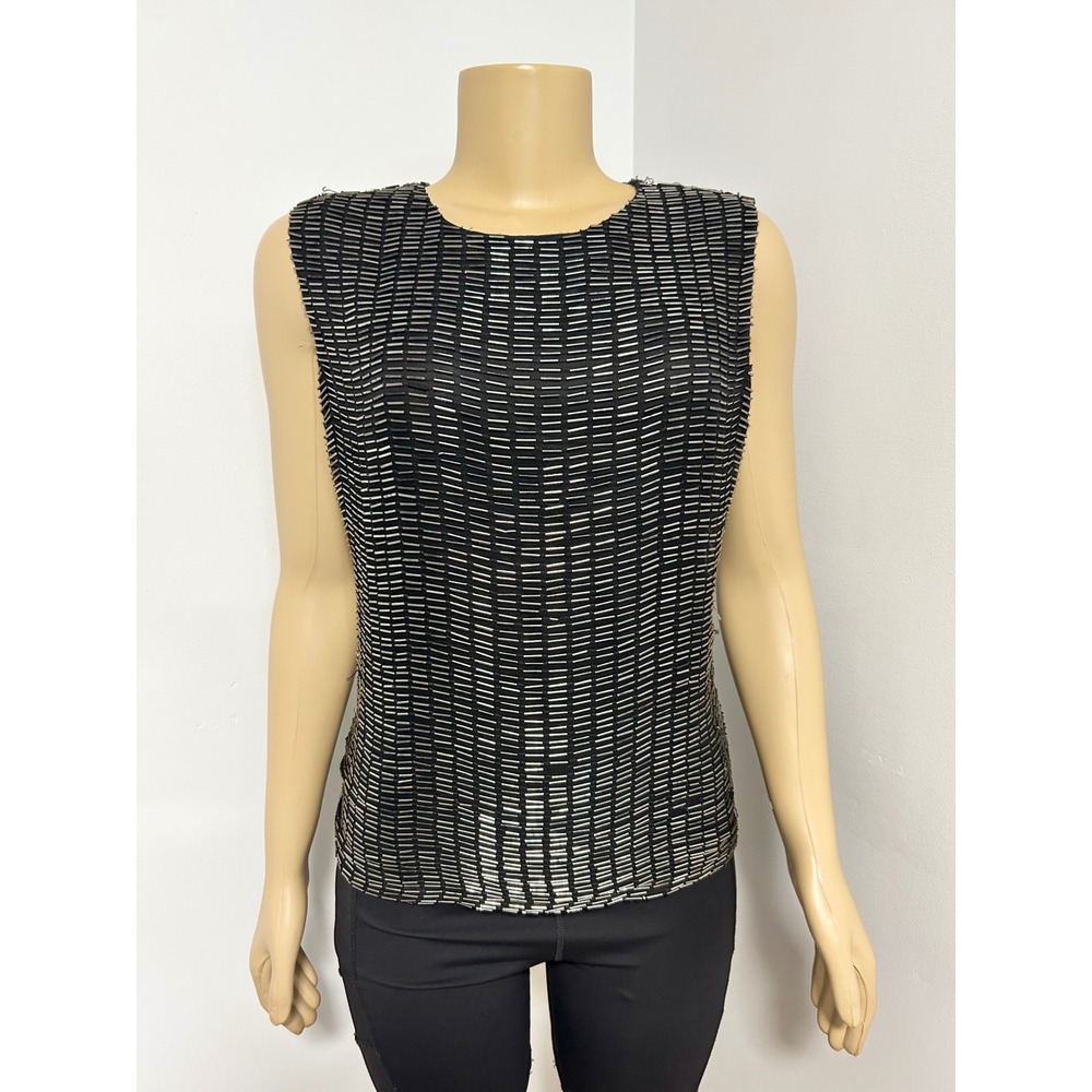 Laurence Kazar Vintage 90s Black Silk Beaded Sleeveless Top Silver Bugle Bead L
